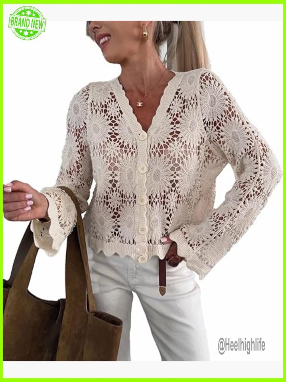 Crochet Knit Crop Cover Up Long Sleeve Button Down Beach Shirt